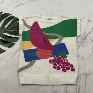 Koret Womens Vintage 90s Fruit Novelty Sweater Size S Petite White Pink Knit